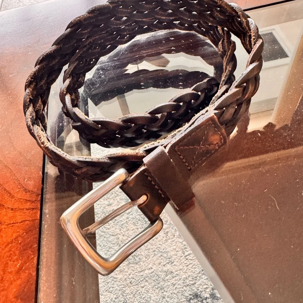 Brown Braided Leather Belt with Silver Buckle 34” including buckle